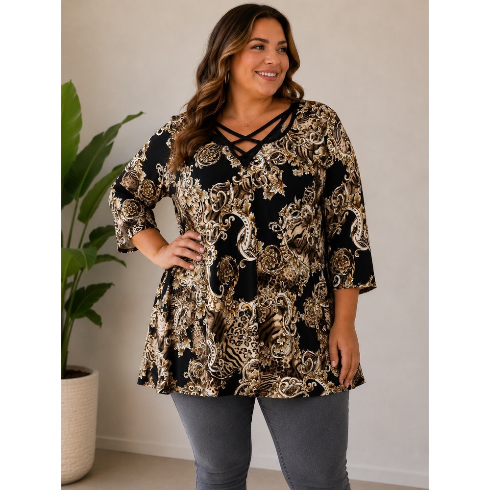 Avenue Plus Size 26/28 Tunic Top Baroque Animal Print Strappy V-Neck 3/4 Sleeve